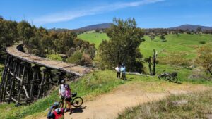 No one can resist a pose at one of the famous high bridges on the rail trail above Bullioh. At 21m it is possibly the highest in Victoria. There are easily graded bypasses around the bridges. [2024]